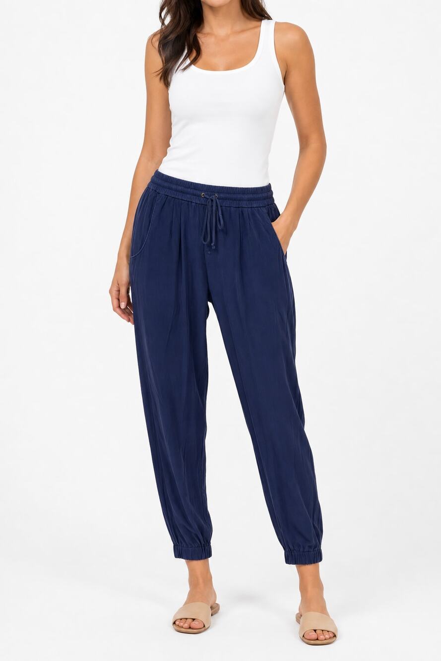 Ramy Brook Women's Silk Navy Jogger Pants Medium Lightweight Vacation Travel
